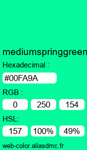 Couleur Web "mediumspringgreen (vert printanier moyen) / #00FA9A"